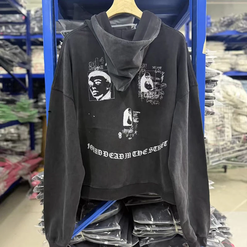 Tear Collar Chest Embroidery Colorful Label Paly Hoodie Men Women Dropped Shoulder Sweatshirts Washed Fade Loose Pullovers