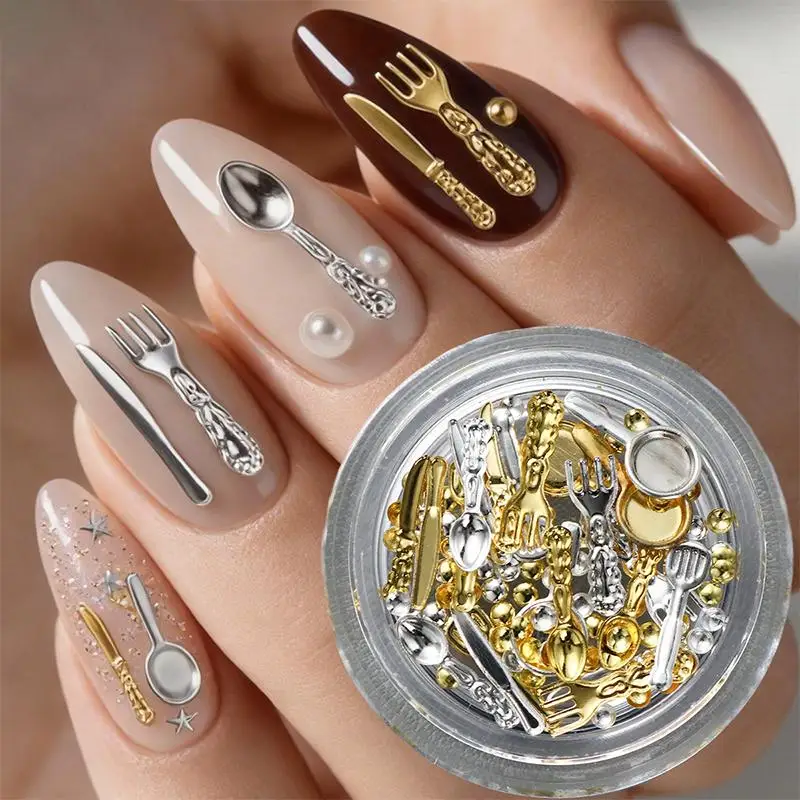 12 Grids/Box Mix Metal Small Fork Spoon Nail Charms Gold Silver Nail Accessories Tableware Series Fork Nail Accessories Parts