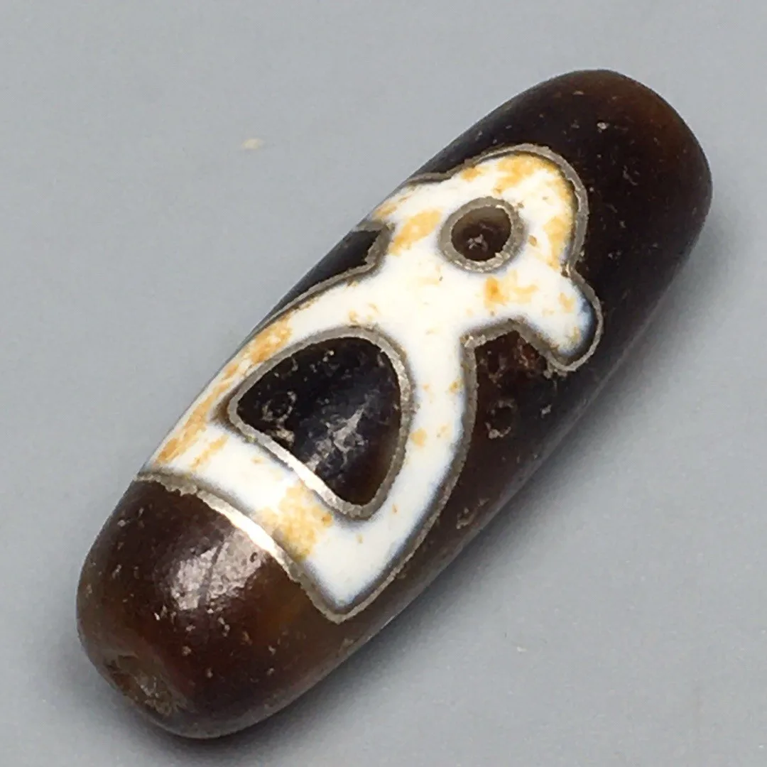 Energy Tibetan Old Agate Dzi Inlaid Silver Wire God of Wealth Bead Amulet S0528