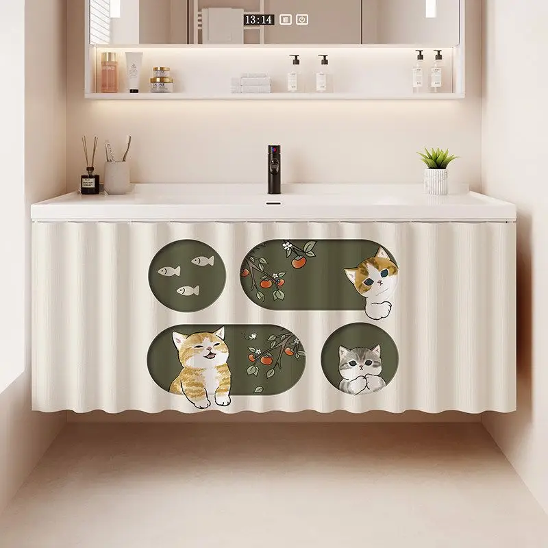 VIKAMA Bathroom Sink Curtain Cartoon Cat Plant Print Waterproof Dustproof Cabinet Partition Cover Home Decor