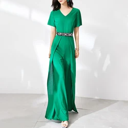 Quality Elegant Women's Long Jumpsuits for Girl Casual Fashion Wide Leg Pants Short Sleeves Green Vintage Ladis Party Rompers