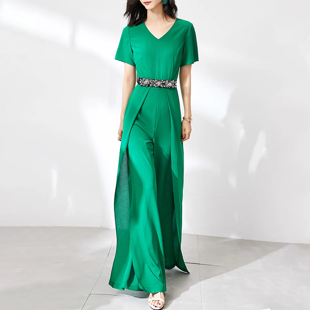 DEVCHATA Quality Elegant Women Long Jumpsuits for Girl Casual Fashion Wide Leg Pant Short Sleeves Green Vintage Party Rompers