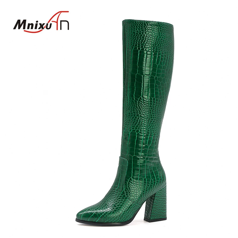 Green Yellow Boots Woman Warm Fleece Crocodile Pattern Block High Heels Zipper Womens Winter Boots Knee High Long Boots Size 43