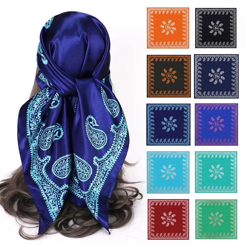 Paisley Silk Satin Scarf for Women Fashion Shawls Wraps Large Bandana Head Hijab Scarves 90cm Square Headband Hair Scarfs Ladies