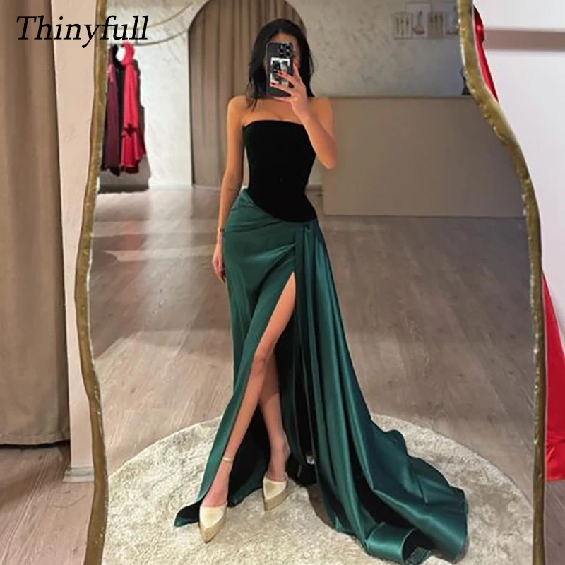 

Thinyfull Mermaid Velvet/Satin Evening Party Gowns Strapless Sleeveless Prom Dresses Split Formal Occasion Dress Customized