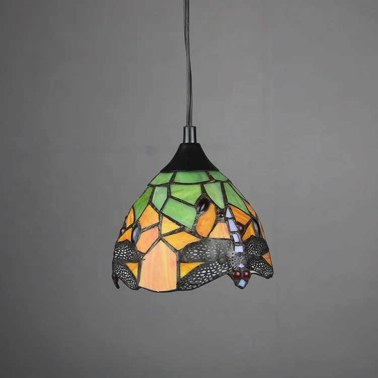 6 Inch Mini Traditional Tiffany Red Dragonfly Stained Glass LED E26 Pendant Lamp 1-Light Modern Living Room Ceiling