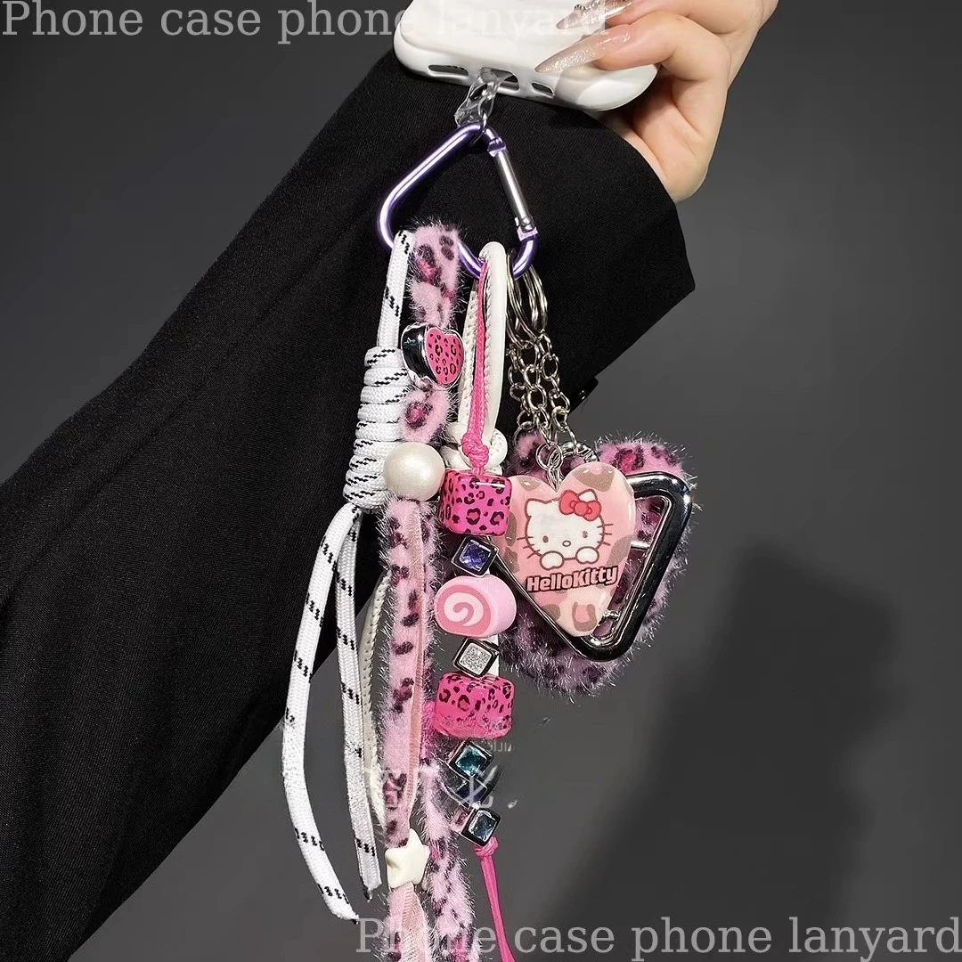 مرحبا كيتي المفاتيح اليدوية حقيبة قلادة ليوبارد القلب أفخم دمية على ظهره سماعة حقيبة اكسسوارات الديكور للنساء الفتيات