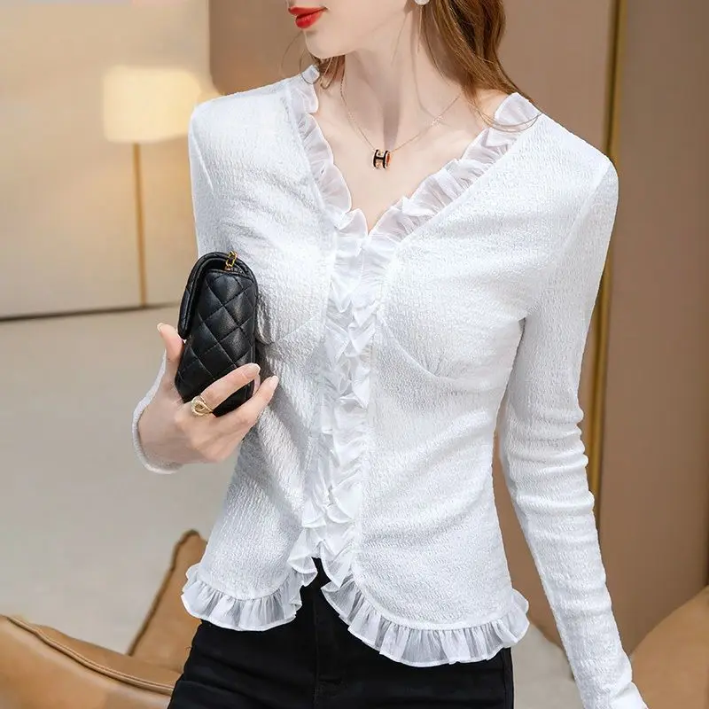 

Spring Autumn New Fashion Ruffles Solid Color Long Sleeve Women's Clothing T-Shirts Button Lace Sweet All-match Trend Chic Tops