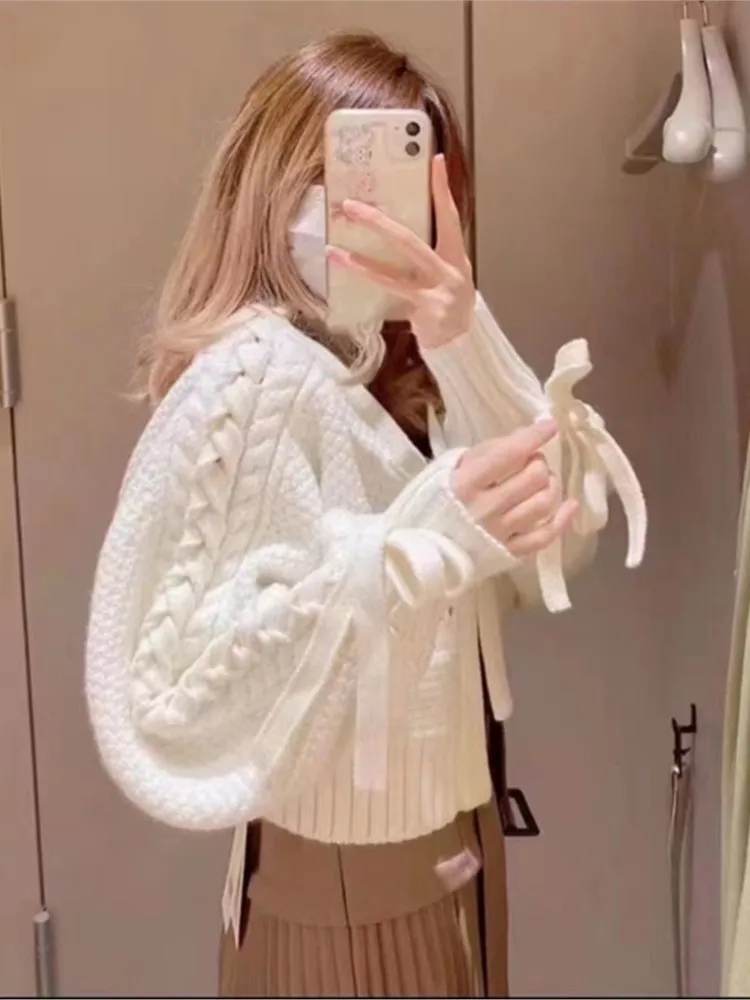 Short Cardigan Sweaters Women Autumn And Winter 2023 New Fashion Solid Lace Up Knitted Sweater Casual Loose Sweet Twist Knitwear