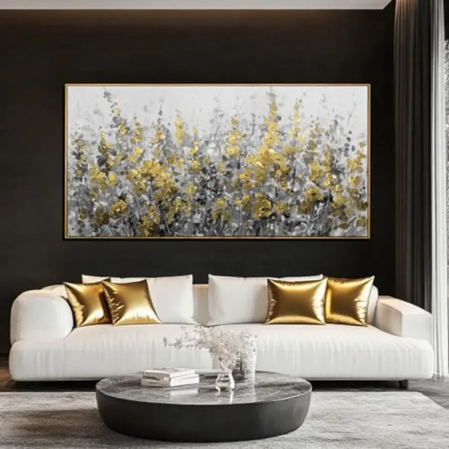 Living room bedroom office decor: gold and grey abstract flower canvas wall art, textured floral painting, 24x48 inch, modern d view 3