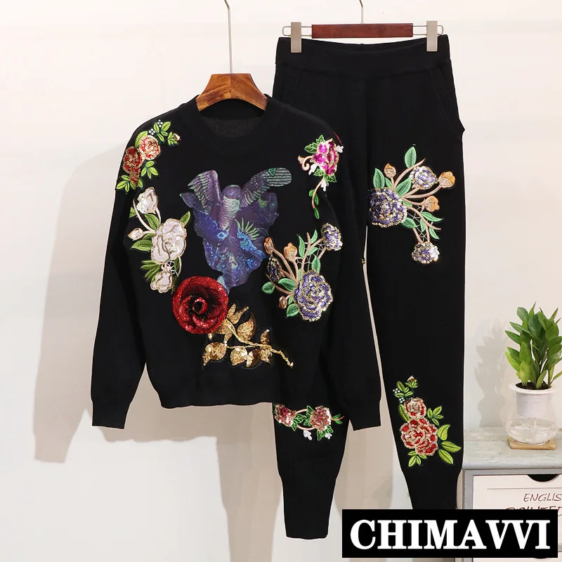 

2020 New Autumn and Winter Women's Bird Sequins Flowers Knitting Sweater Casual Pants 2 Pieces Sweater Set Streetwear Knit Sets