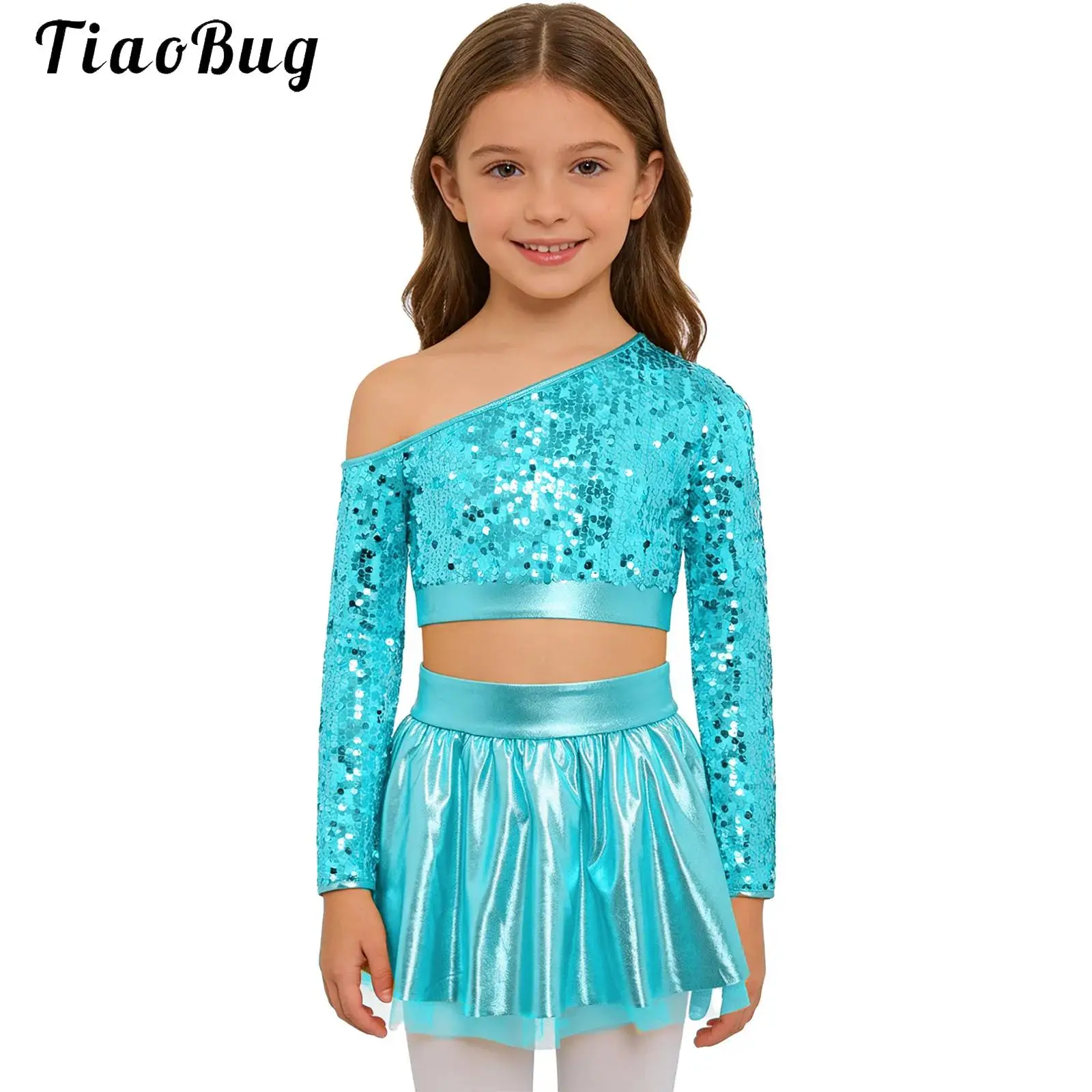 Kids Girls Jazz Dance Outfit One Shoulder Long Sleeve Sequins Top with Metallic Tutu Skirt Pageant Set Disco Dance Performance