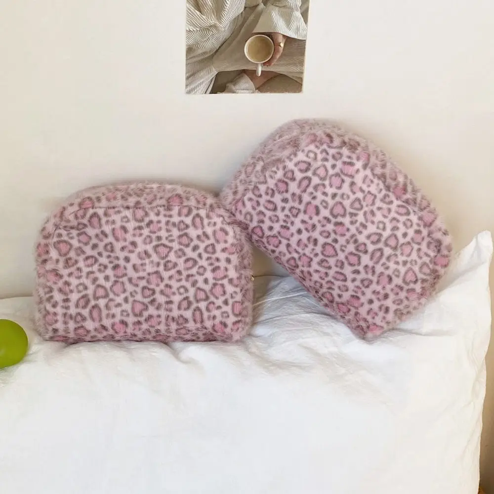 Durable Fuzzy Makeup Bag Leopard Print Portable Cosmetic Bag Large Capacity Travel Storage Pouch Girls