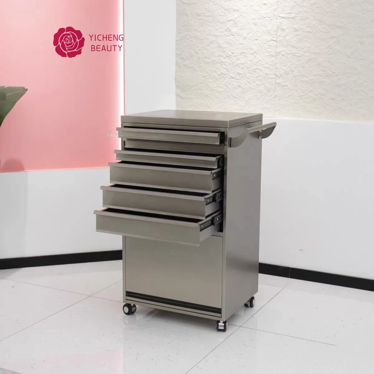 Yicheng Beauty Discount Price Stainless Tool Cart Salon Tools Hairdressing Hand Cart with Wheel Metal Beauty Salon Trolley