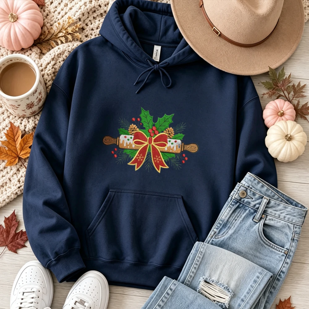 Christmas Baking Rolling Pin Holly Bow Graphic Hoodie Unisex Pullover Hooded Winter Holiday Cookie Baker Print Casual Xmas Tops