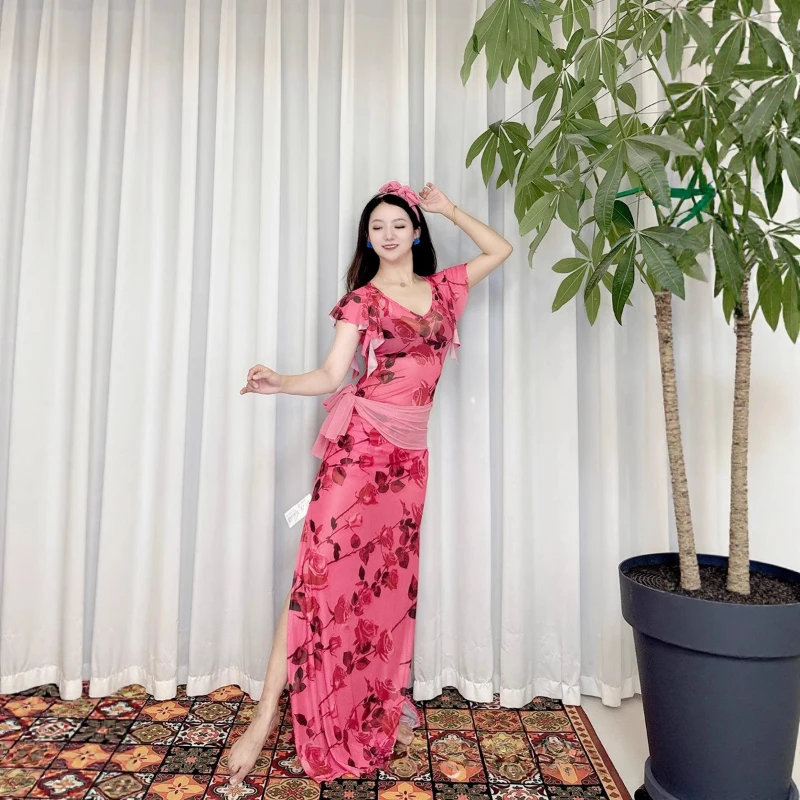 ملابس الرقص الشرقي للنساء أنيقة مزاجه شبكة رداء عقال حزام ملابس داخلية 4 قطعة زي أداء Saidi Shabbi Baladi