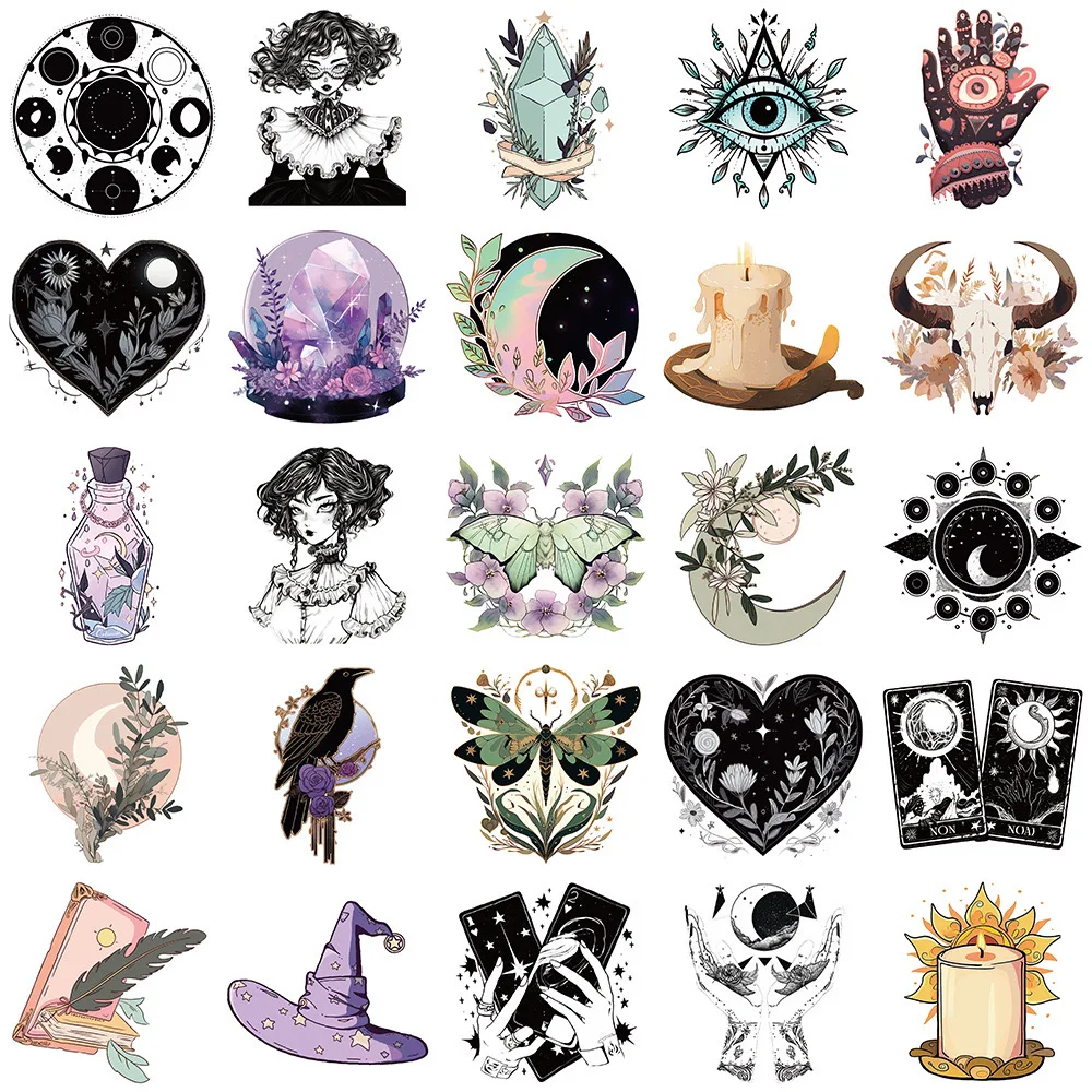 10/50PCS Cool Gothic Magic Witch Cartoon Stickers Aesthetic Tarot Goth Decals Graffiti DIY Skateboard Suitcase Freezer Sticker