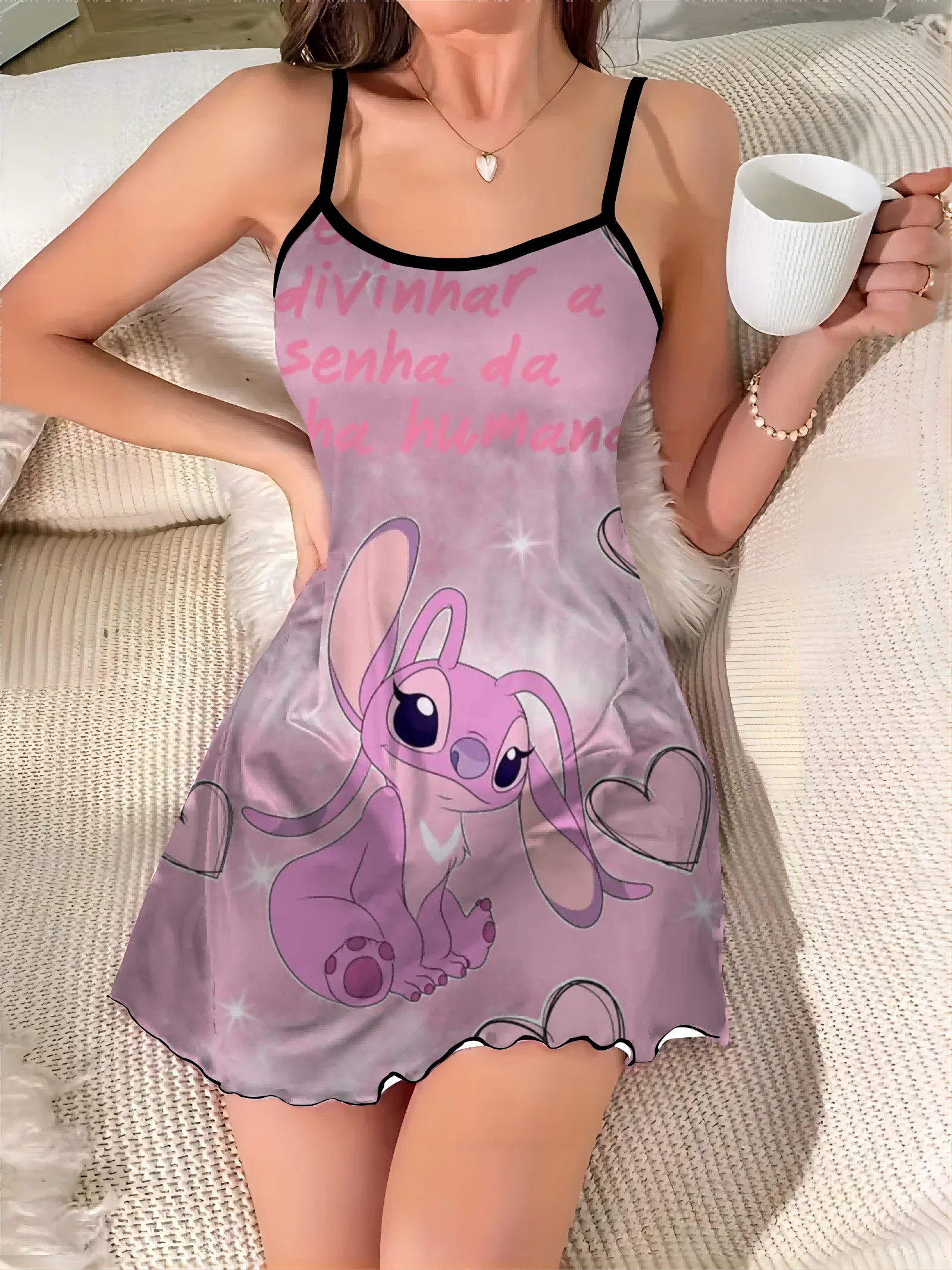 Disney-Vestido corto de satén con falda de pijama para mujer, minivestido Sexy con cuello redondo y ribete de lechuga, elegante, a la moda, 2024