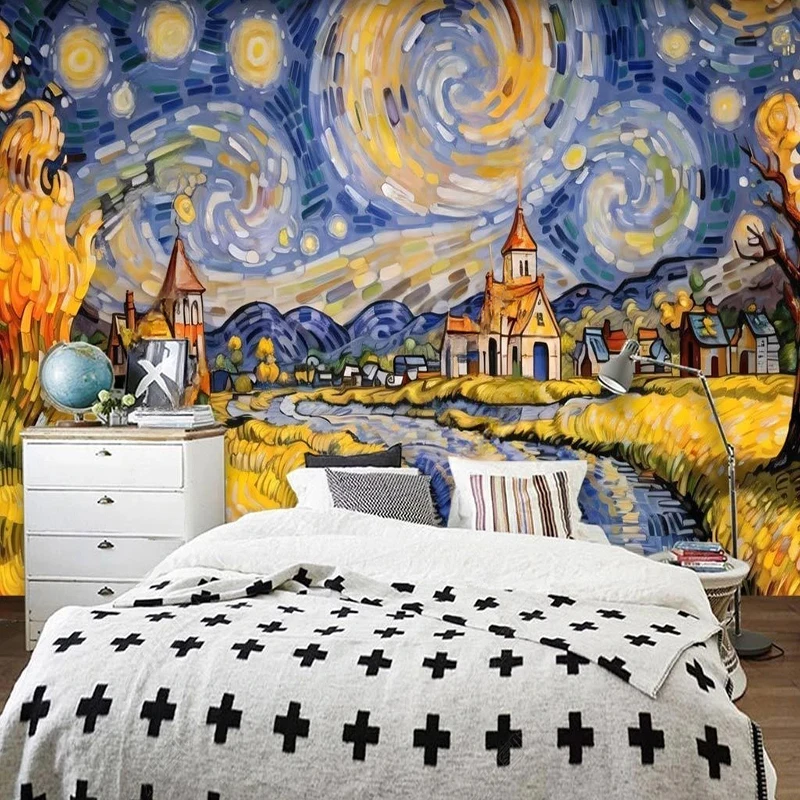 Custom Mural Wallpaper Hand-painted Oil Painting Cartoon Landscape Building House Home Decor Painting For Living Room TV Sofa