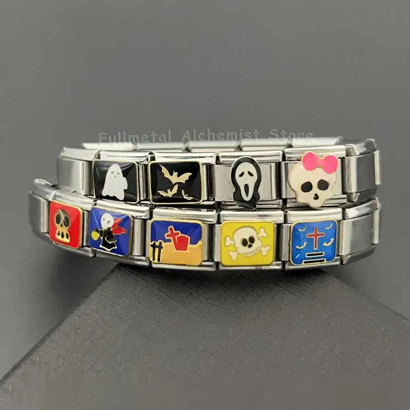 イタリアのステンレス鋼ブレスレットチャーム 9 ミリメートルモジュールハロウィン取り外し可能なゴーストパターンカップルギフトジュエリーメイキング DIY スプライシング