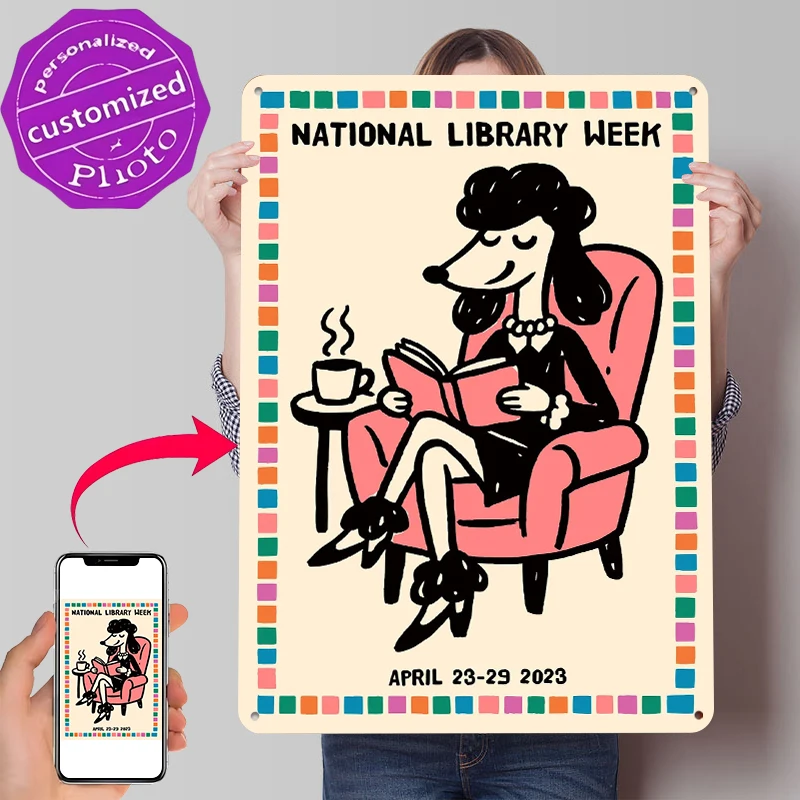 Poodle Reading for National Library Week Tin Poster Customized Wall Art Retro Vintage Metal Signs for Fans Room Home Decorations