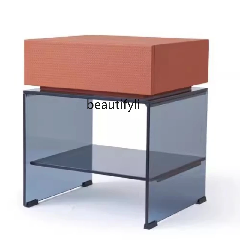 

Italian Minimalist Tempered Glass Bedside Table Light Luxury Creative Home Bedroom Bedside Cabinet