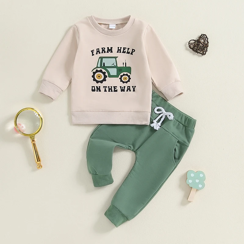 

Toddler Baby Boy Clothes Farm Letter Tractor Print Long Sleeve Crew Neck Pullover with Solid Pants Fall 2Pcs Outfits