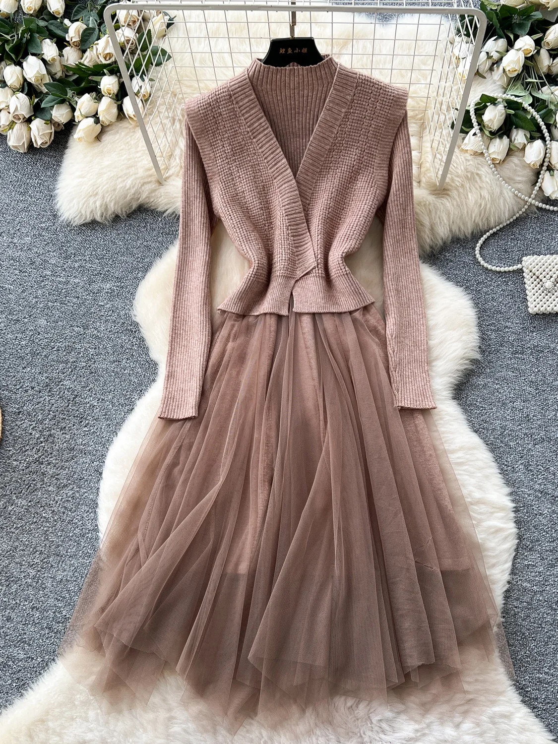 

Ele Женский вязаный жилет и комплект Dr Svel Long Sve Me Splicing Faionable Осенний наряд с высокой талией, прямой...