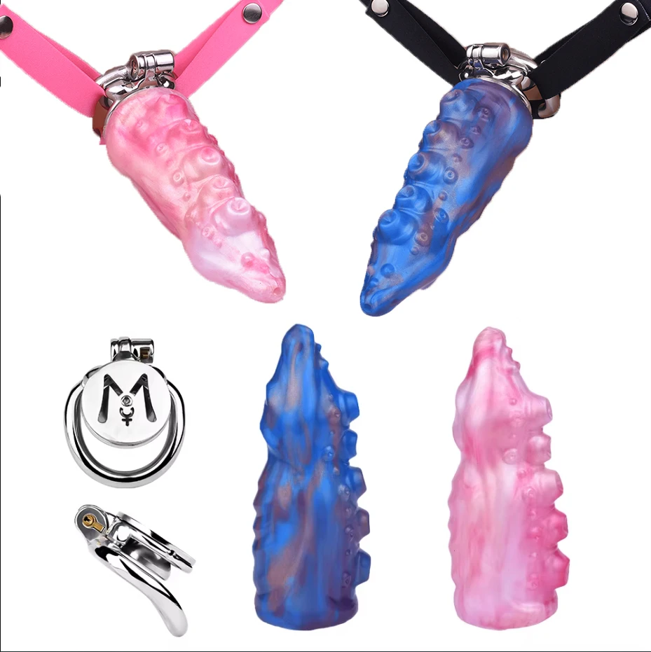FRKO M Letter Flat Metal Chastity Cage With Octopus Tentacle Dildo Elastic Belt Lockcock Penis Ring Flirting Sex Toys Men Couple