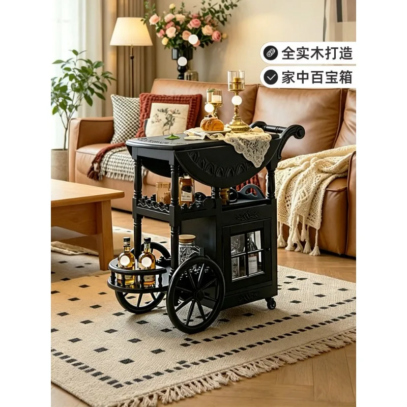 French Vintage Solid Wood Serving Cart, Mobile Multi Side Table for Living Room Sofa Storage salon furniture