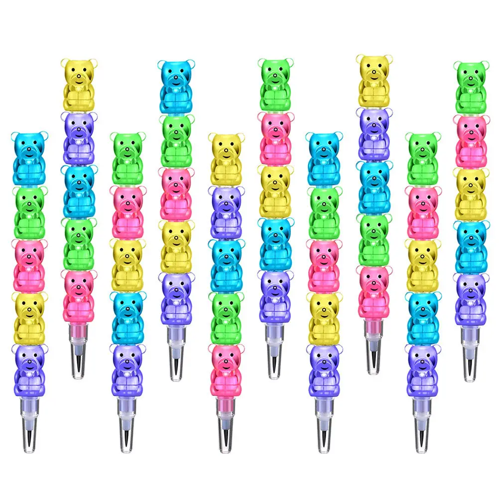 12pcs Animal Building Block Pens Flexible Pencils Bulk Stacking Colored School Supplies Cartoon Bear Shaped Adjustable
