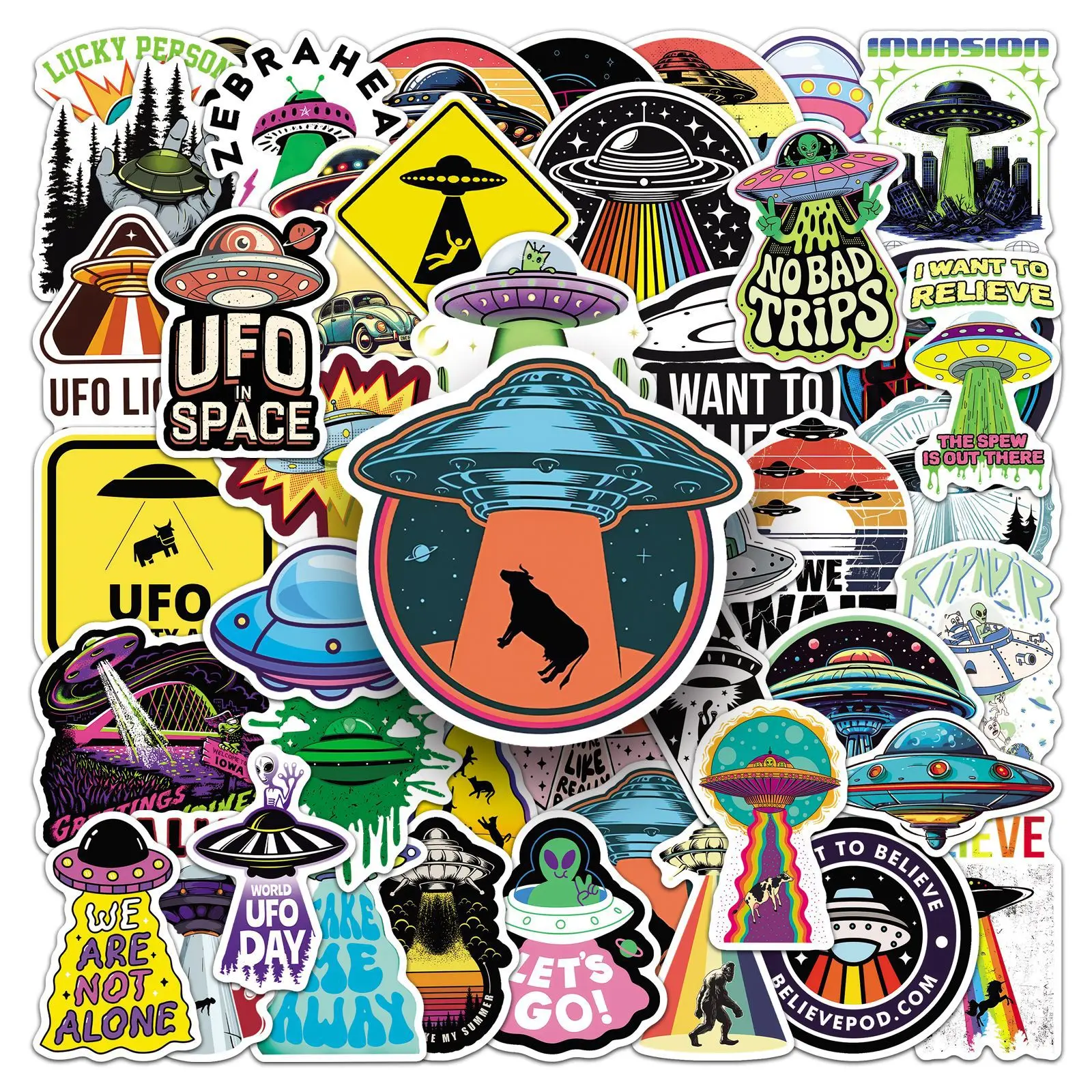 50er-Pack wasserdichte UFO-Alien-Raumschiff-Graffiti-Aufkleber für Mobiltelefone, Laptops, Gitarren, Computer und dekorative Aufkleber
