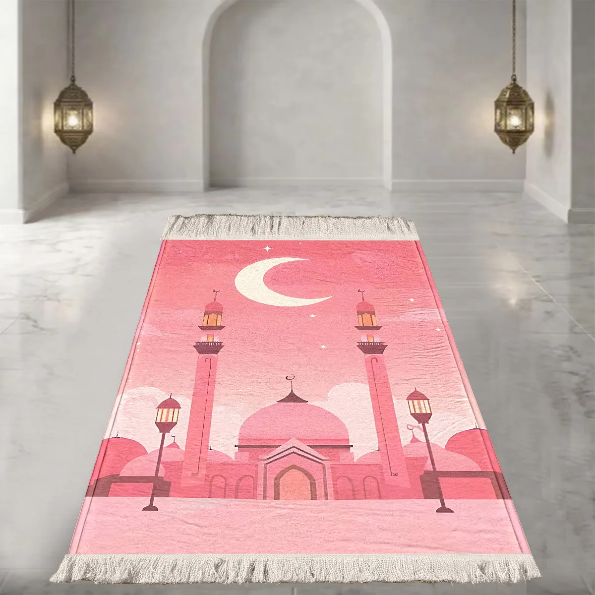 A Gentle Pink Mosque Prayer Mat with Stars and Moon, a Luxurious Tassel Design for Girls, Soft and Comfortable, Foldable