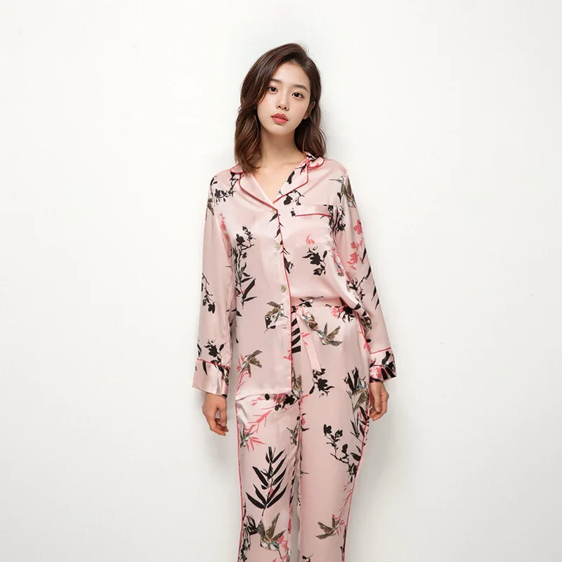 High Quality 2024 Autumn Real Silk Pajamas Suit Women's Real Silkworm% Home Wear Twinset Outfit