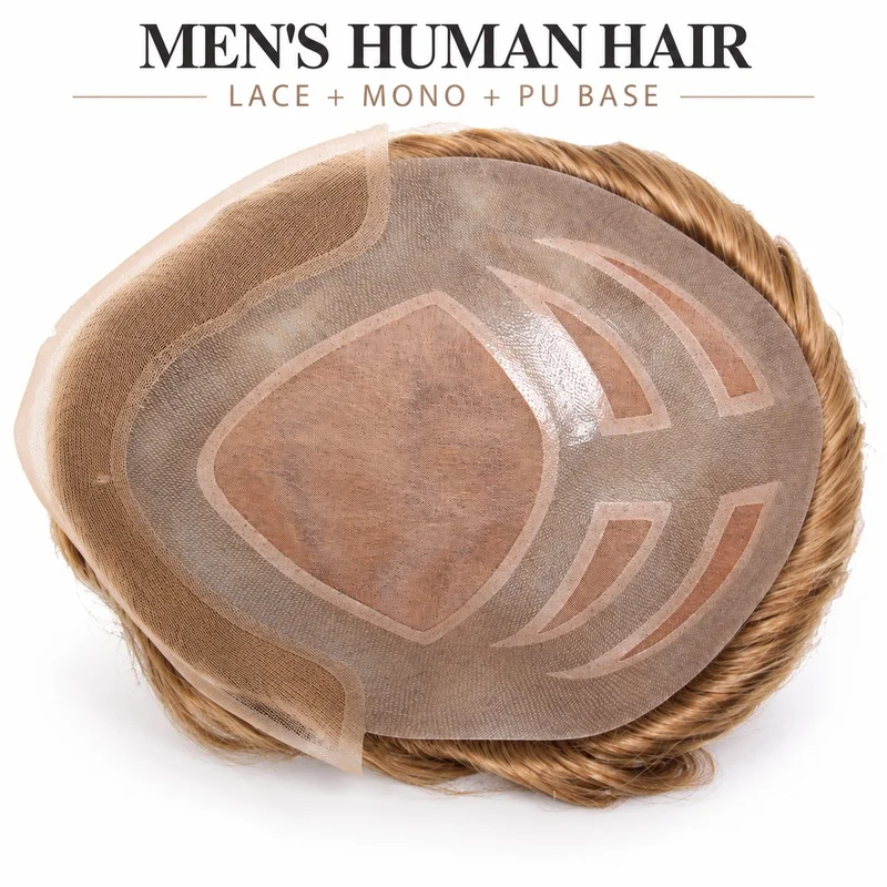 Men's Human Hair Toupee Lace Front Mono PU Base Golden Brown Hair Replacement System Natural Look Crown Topper Hairpiece