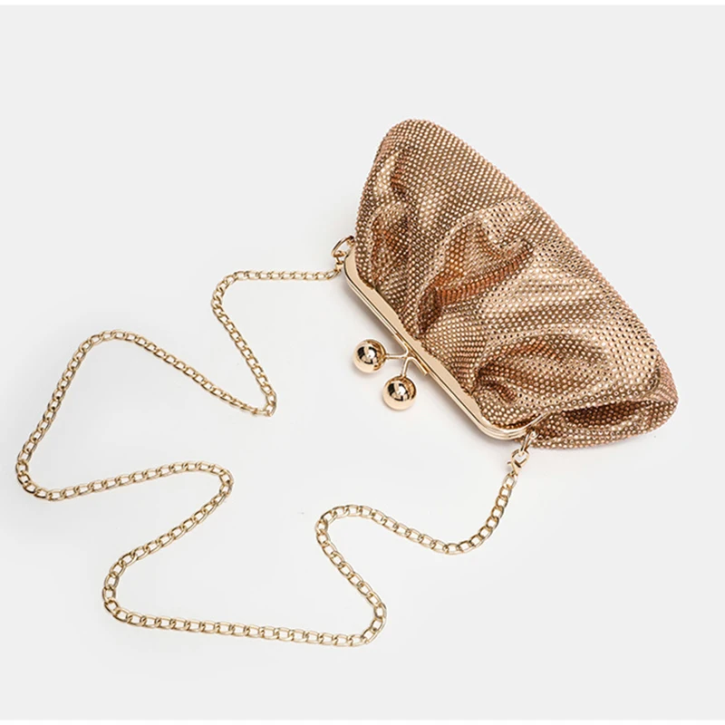 

Fashion Metal Chain Slouchy Cloud Bag Sparkly Clutch Wristlet Women Lock Frame Clasp Evening Handbag Party Pleated Purse