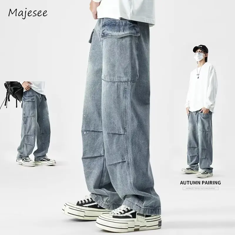 

Jeans Men American Style Chic Washed Denim Trousers Autumn Vibe High Street Pleated Baggy Hip Hop Harajuku Full Length College