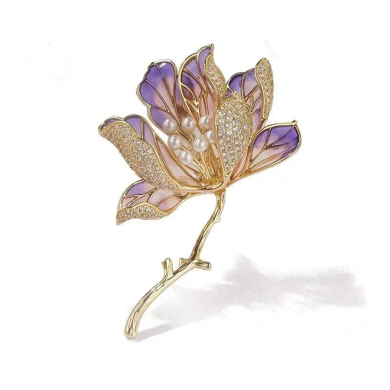 

Luxury Magnolia Flower Brooches For Women Unisex 2-color Enamel Pearl Beautiful Plants Party Brooch Pins Gifts