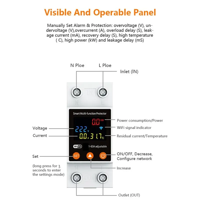Tuya Wifi Smart Circuit Breaker 2P 1-63A LED Display Switch With Power Metering Via Smart Life Control For Alexa Home