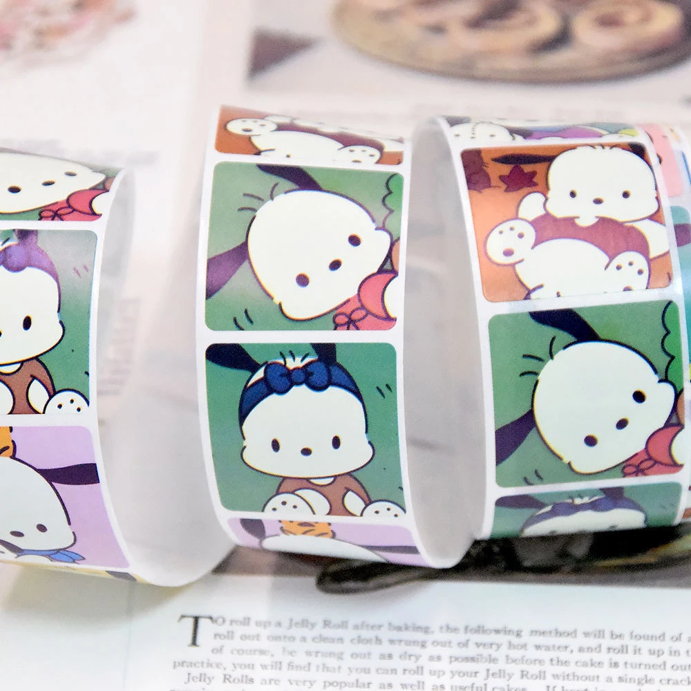 500 uds/rollo de pegatinas bonitas de Anime Sanrio Pochacco, pegatinas de dibujos animados DIY para ordenador portátil, pegatina de sellado de decoración Kawaii, juguetes de regalo de recompensa para niños