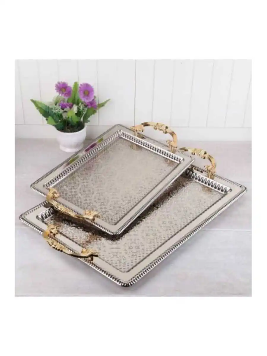 2 rectangle anti-tarnish tray silver color embossed decor engagement and other special occasions free fast shipping