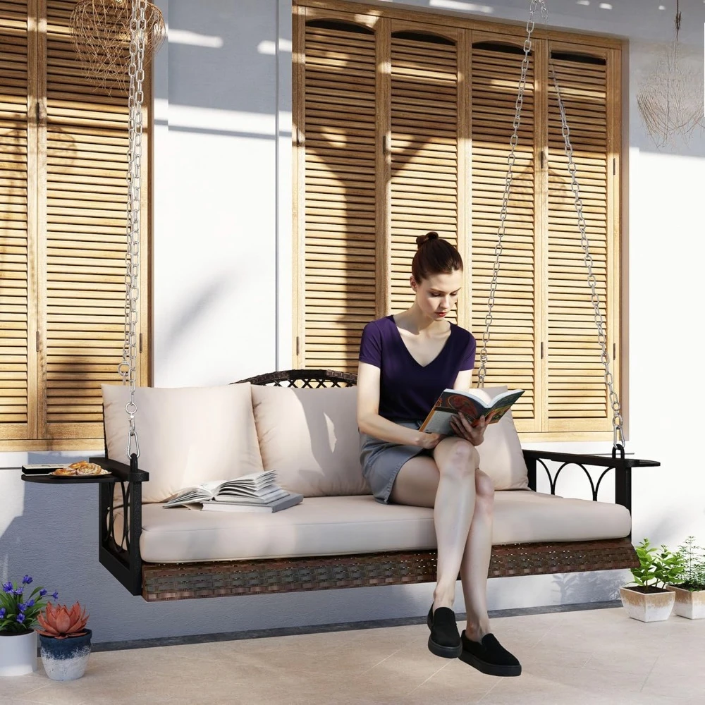 

Three-seater Rattan Porch Swing Chair with Cup Holder, 57-inch Outdoor Rattan Patio Hanging Chair, Customizable