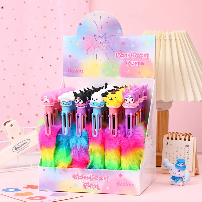 24pcs/lot Sanrio Melody Pochacco Ballpoint Pen Kuromi Rainbow Plush 6 Colors Ball pens School Office writing Supplies Stationery