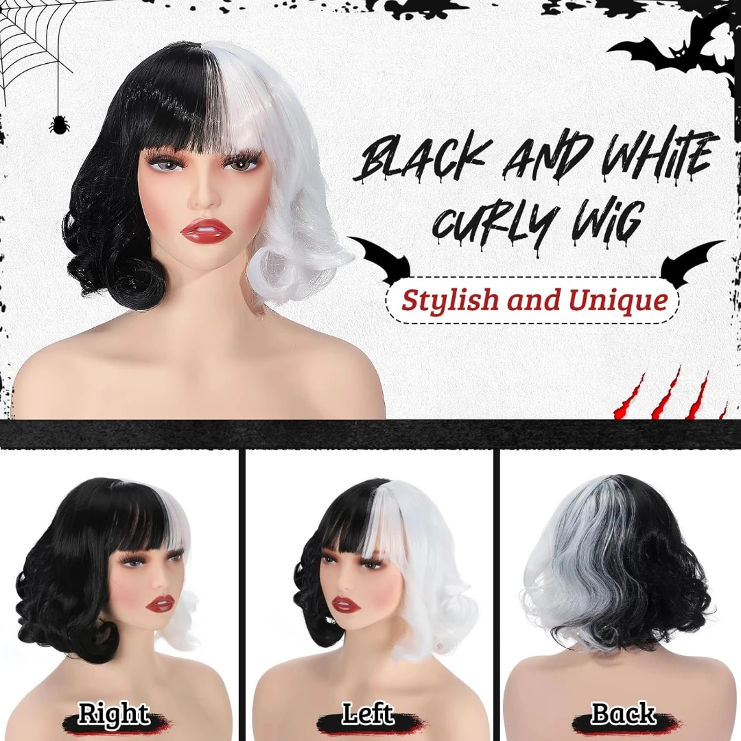 Halloween Costumes for Women - Black and White Wig with Shawl Scarf, Red Gloves, Faux Pearl Necklace, Long Holder, and Wig Cap