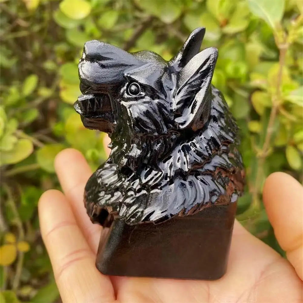 

Natural Black Obsidian Carving Wolf Head Decorate Handcrafts Healing Crystal Powerful Animal Reiki 1PCS