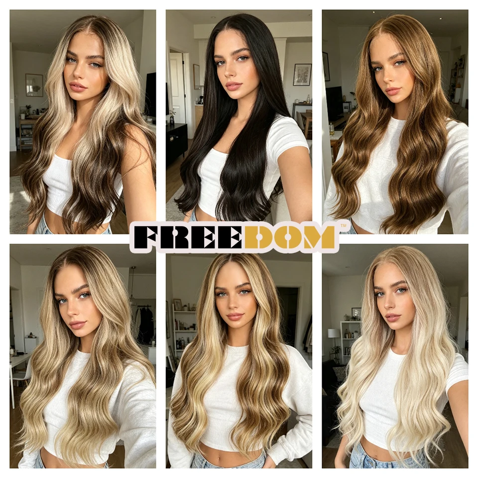 FREEDOM 13X6 Synthetische Lace-Front-Perücken für Frauen 26 Zoll Wellige Lace-Perücke Ombre Braun Blond Highlight Perücke für den täglichen Gebrauch – Detail 6