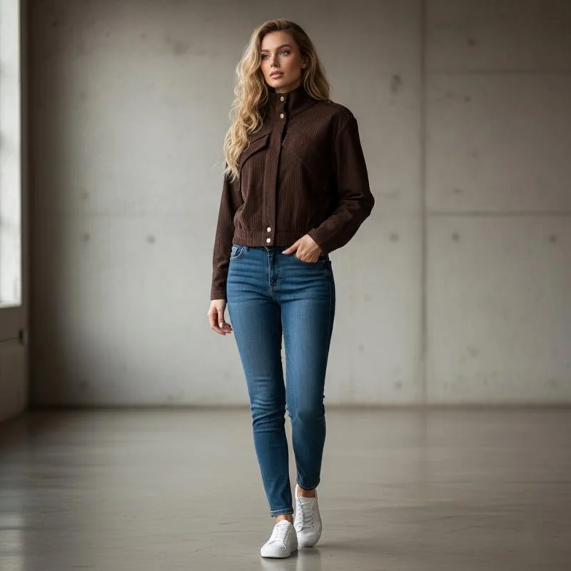

Brown Corduroy Jacket For Women Moto Style With Full-sleeve Elegant Outerwear For Commuting Casual Chic Daily Wear Comfortable