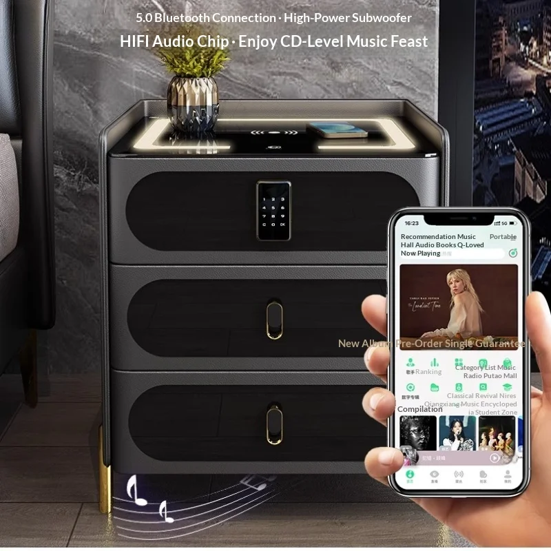 Smart Nightstand Bedside Table Password Lock Wireless Qi Charging Touch Control LED Lamp Minimalist Luxury Bedroom Storage