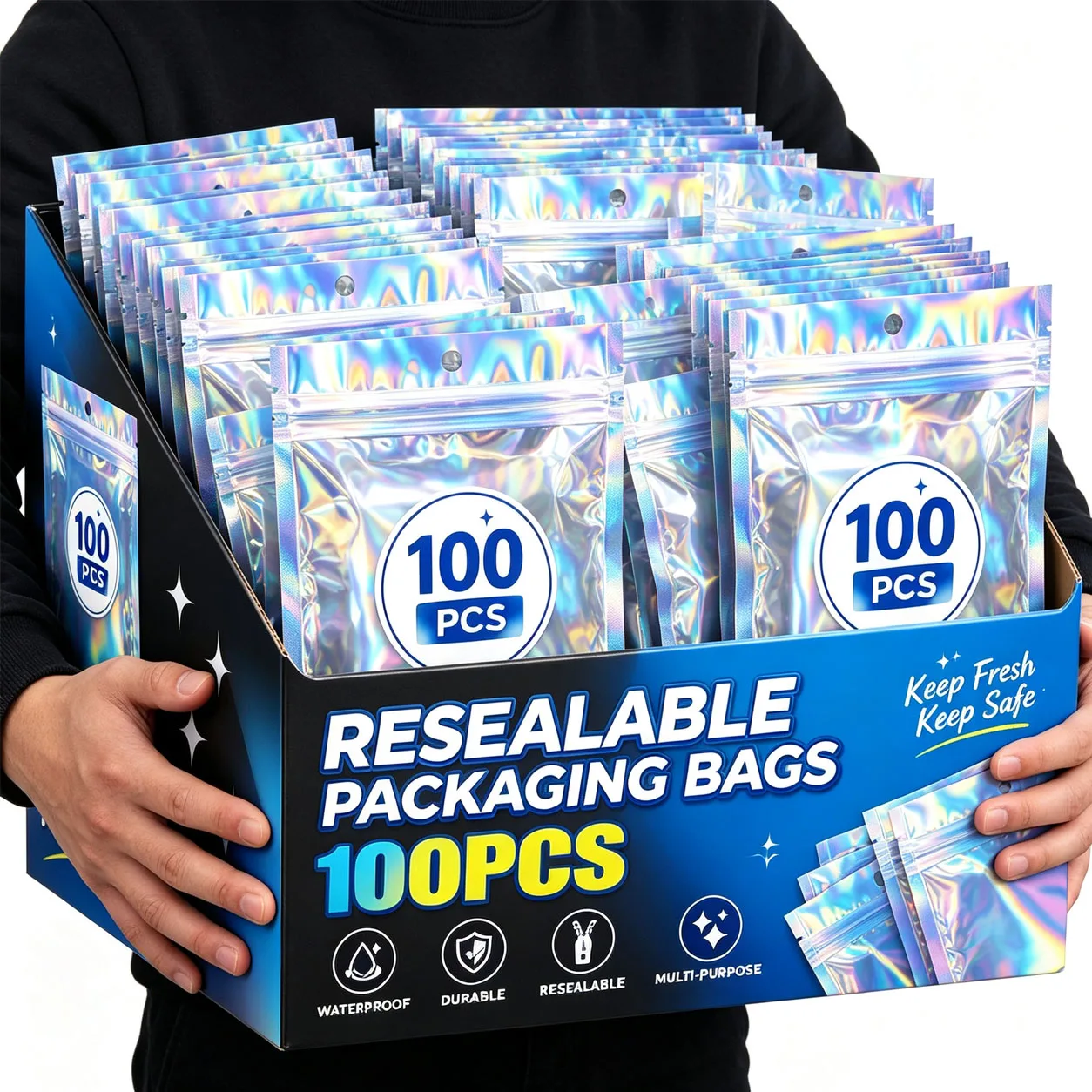 100pcs Holographic Resealable Mylar Bags Ziplock Candy Suger Tee Jewelry Beauty Storage Bag