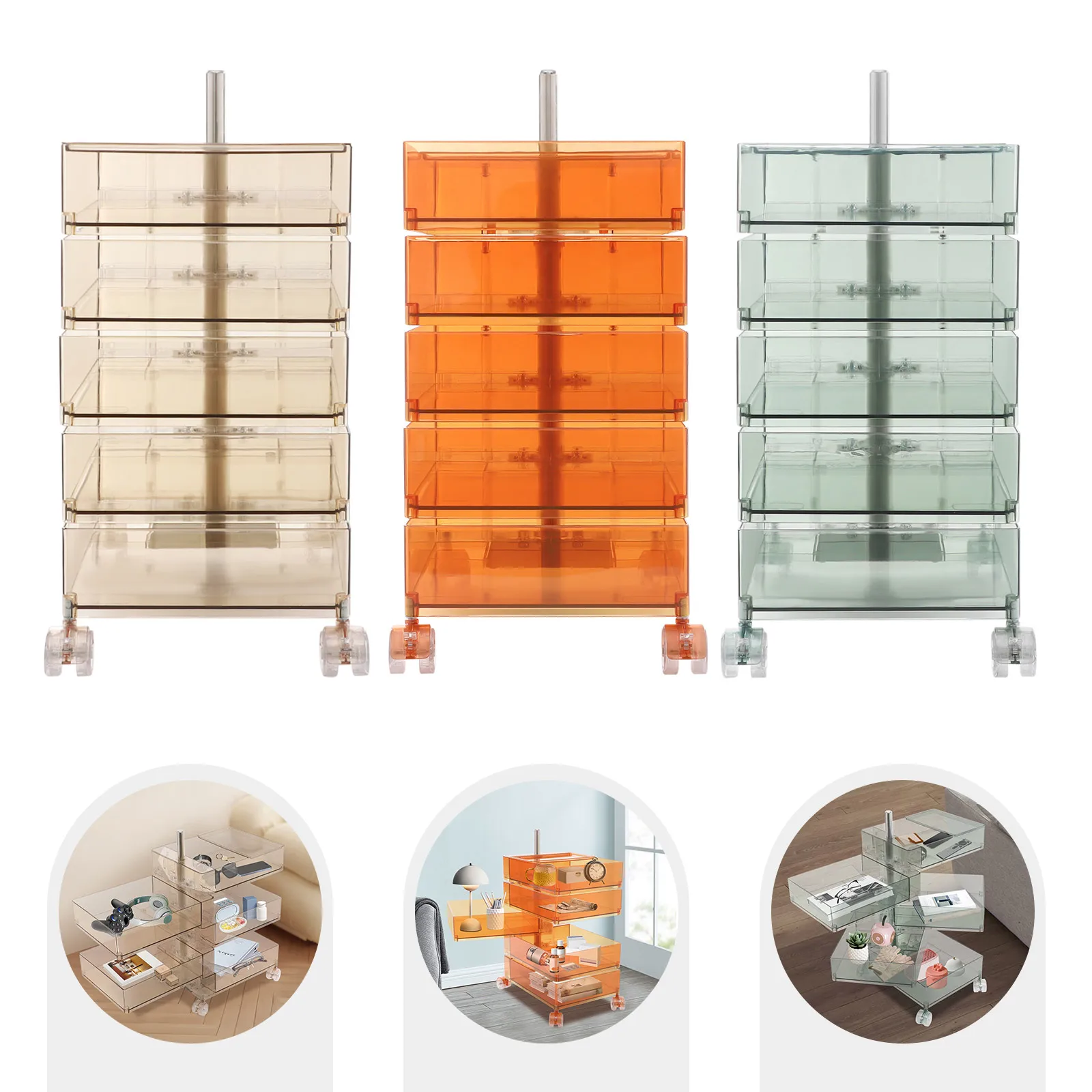 

5 ярусов 360 ° Вращающийся шкаф для хранения из АБС-пластика, прямоугольный шкаф цвета хаки/зеленого/оранжевого цвета с колесиками для гостиных, кухонь